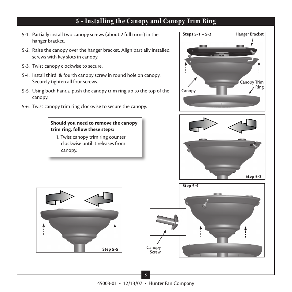 5 • installing the canopy and canopy trim ring | Hunter 21894 52 Westover User Manual | Page 8 / 16