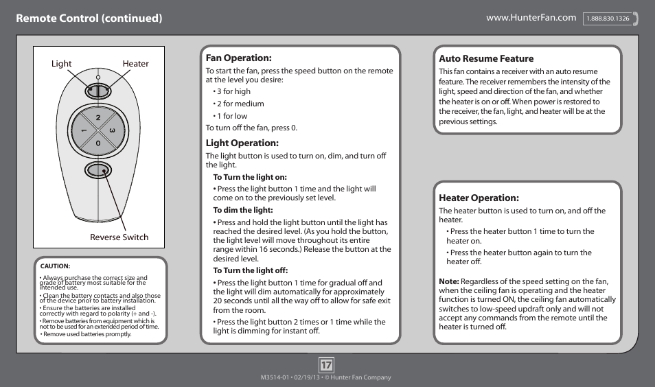 Remote control (continued) | Hunter 59033 52 Westover User Manual | Page 17 / 19