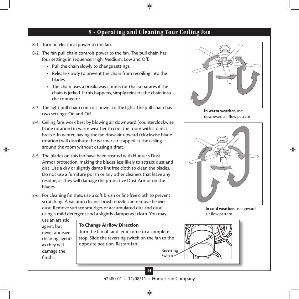 8 • operating and cleaning your ceiling fan | Hunter 28792 52 Whitten User Manual | Page 14 / 15