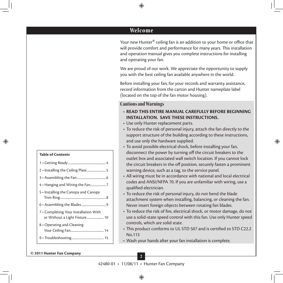 Welcome, Cautions and warnings | Hunter 28792 52 Whitten User Manual | Page 2 / 15