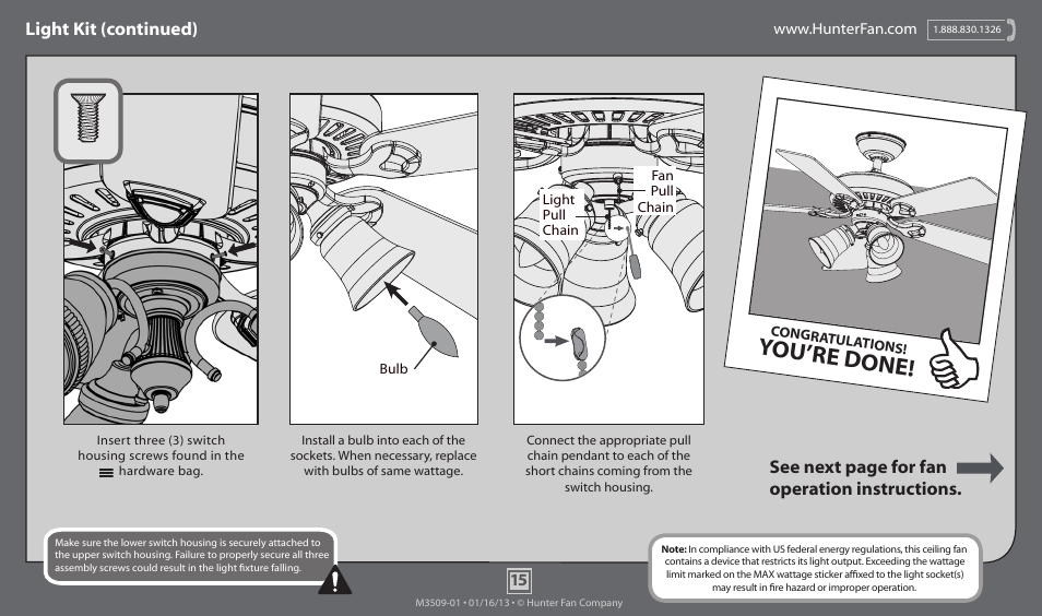 You’re done, Light kit (continued), See next page for fan operation instructions | Hunter 54059 52 Whitten User Manual | Page 15 / 17