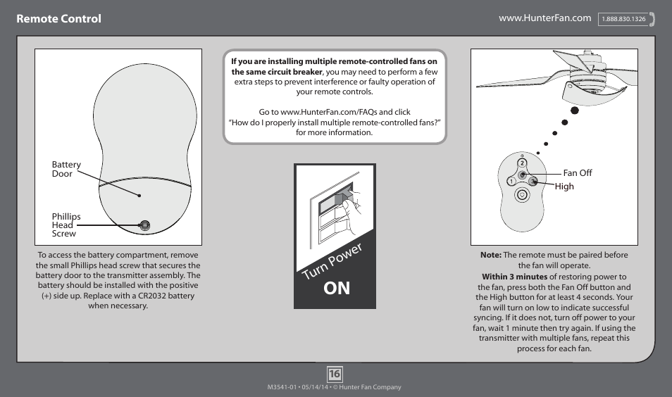 Turn p ow er, Remote control | Hunter 59012 52 Windspan User Manual | Page 16 / 19