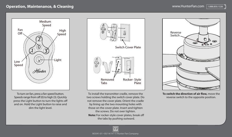 Operation, maintenance, & cleaning | Hunter 59012 52 Windspan User Manual | Page 17 / 19