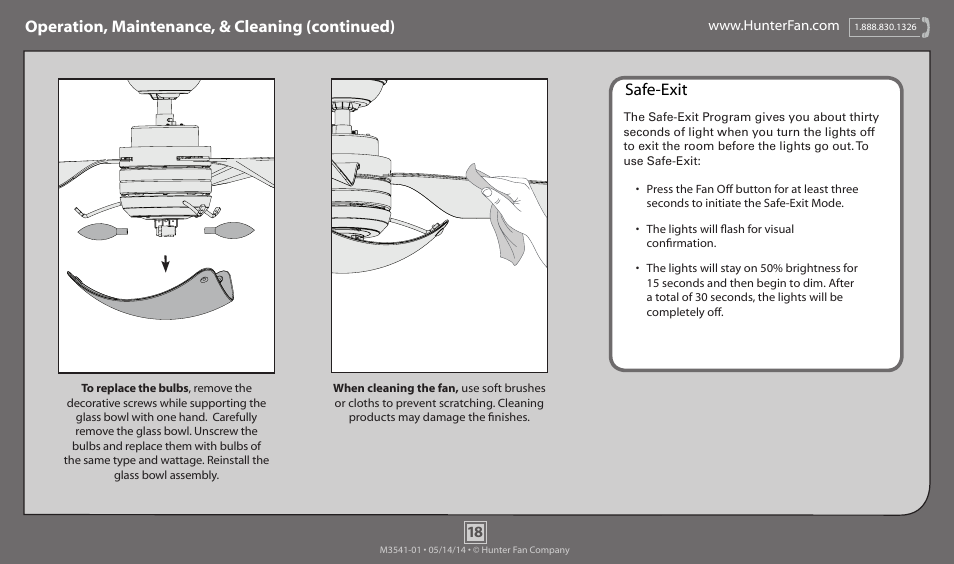 Operation, maintenance, & cleaning (continued), Safe-exit | Hunter 59012 52 Windspan User Manual | Page 18 / 19