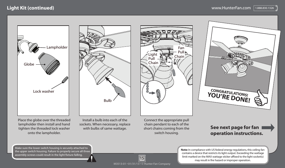 You’re done, Light kit (continued), See next page for fan operation instructions | Hunter 53026 52 Woodford User Manual | Page 15 / 17