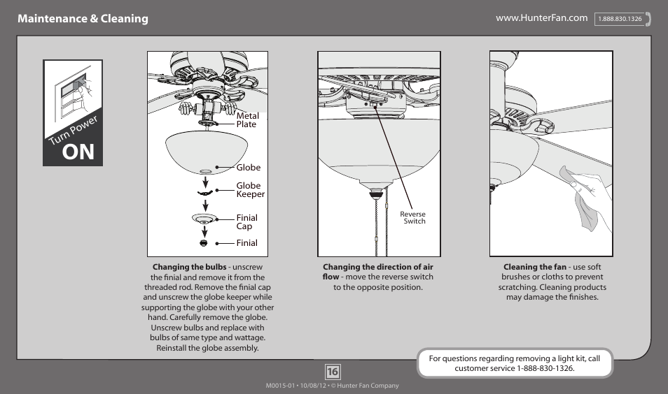 Maintenance & cleaning, Turn p ow er | Hunter 52019 48 Discovery User Manual | Page 16 / 17