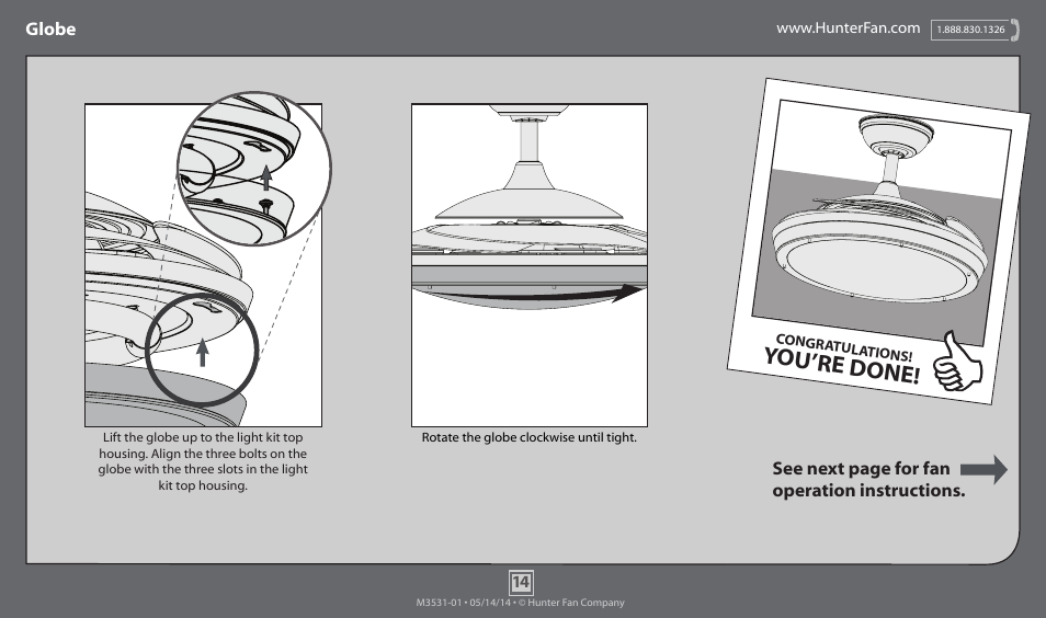 You’re done, Globe, See next page for fan operation instructions | Hunter 59085 48 Fanaway User Manual | Page 14 / 17