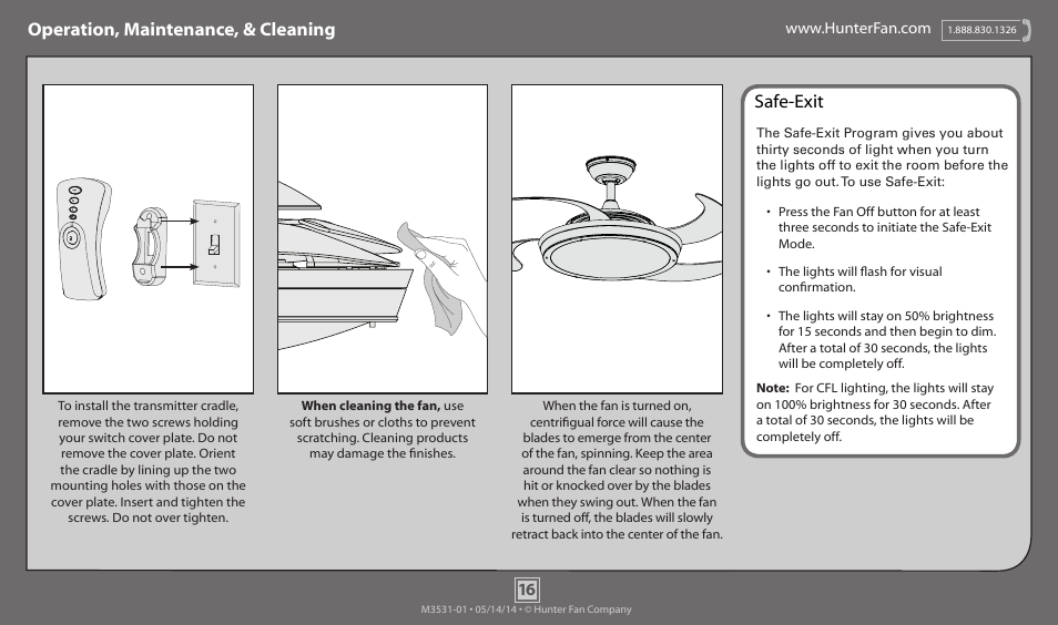 Operation, maintenance, & cleaning, Safe-exit | Hunter 59085 48 Fanaway User Manual | Page 16 / 17