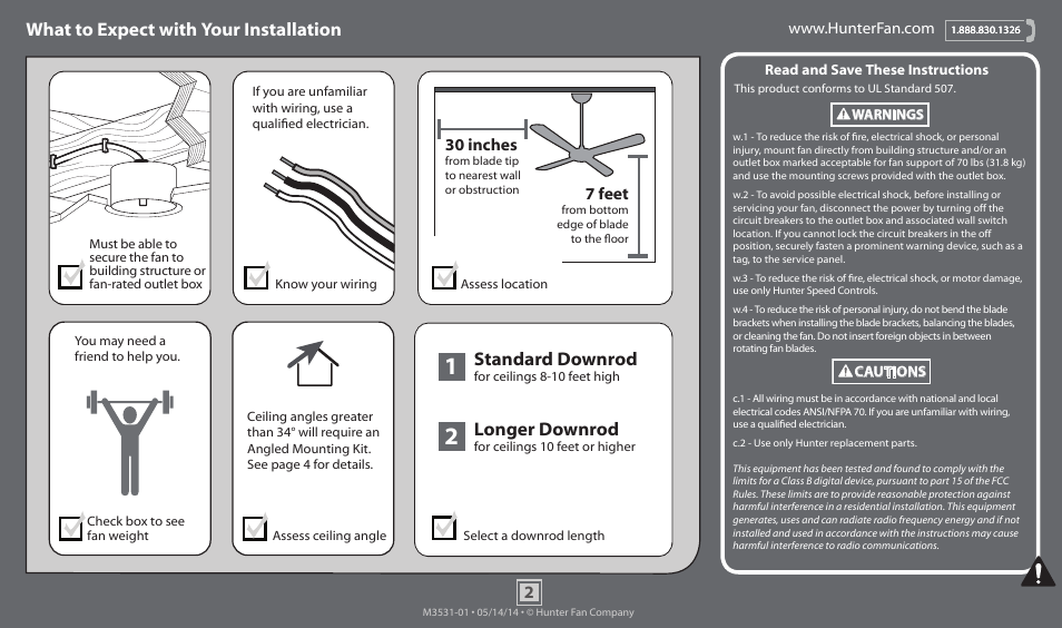What to expect with your installation, Standard downrod, Longer downrod | 30 inches, 7 feet | Hunter 59085 48 Fanaway User Manual | Page 2 / 17