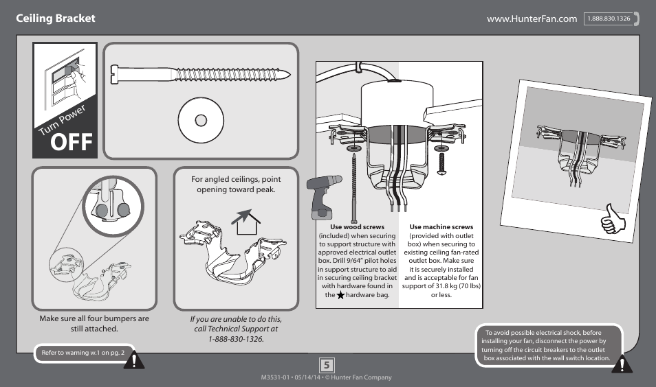 Ceiling bracket, Turn p ow er | Hunter 59085 48 Fanaway User Manual | Page 5 / 17