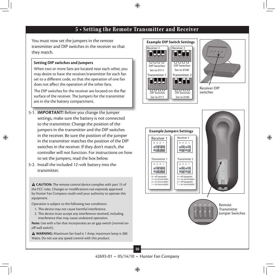 5 • setting the remote transmitter and receiver, Example jumpers settings receiver 1, Example dip switch settings | Hunter 23949 48 Forest Hill User Manual | Page 10 / 19