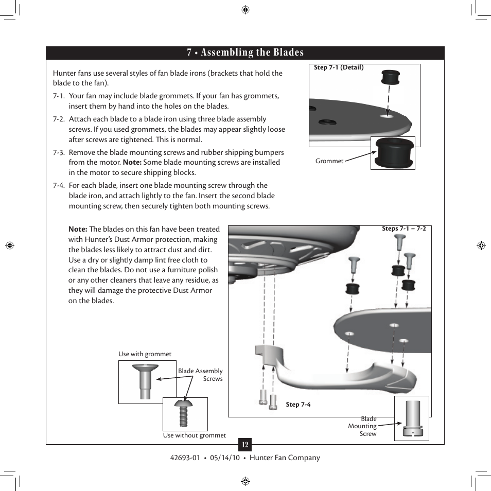 7 • assembling the blades | Hunter 23949 48 Forest Hill User Manual | Page 12 / 19