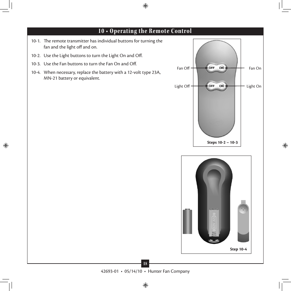 10 • operating the remote control | Hunter 23949 48 Forest Hill User Manual | Page 18 / 19