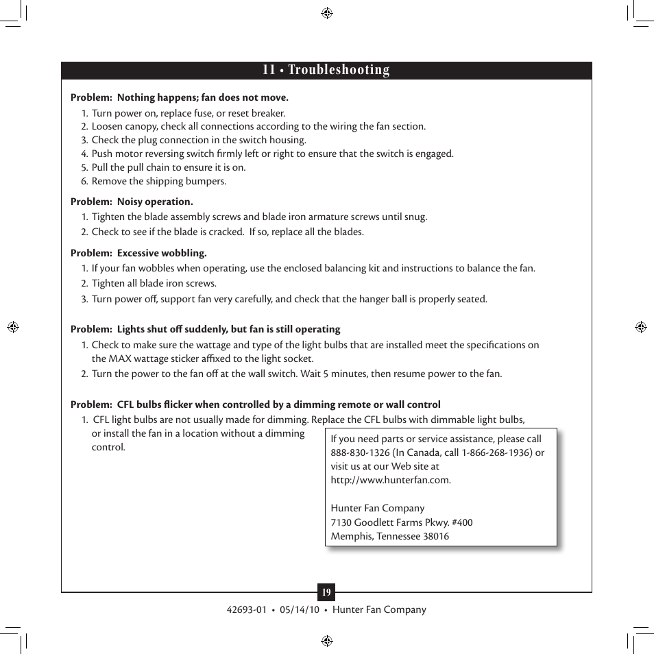 11 • troubleshooting | Hunter 23949 48 Forest Hill User Manual | Page 19 / 19