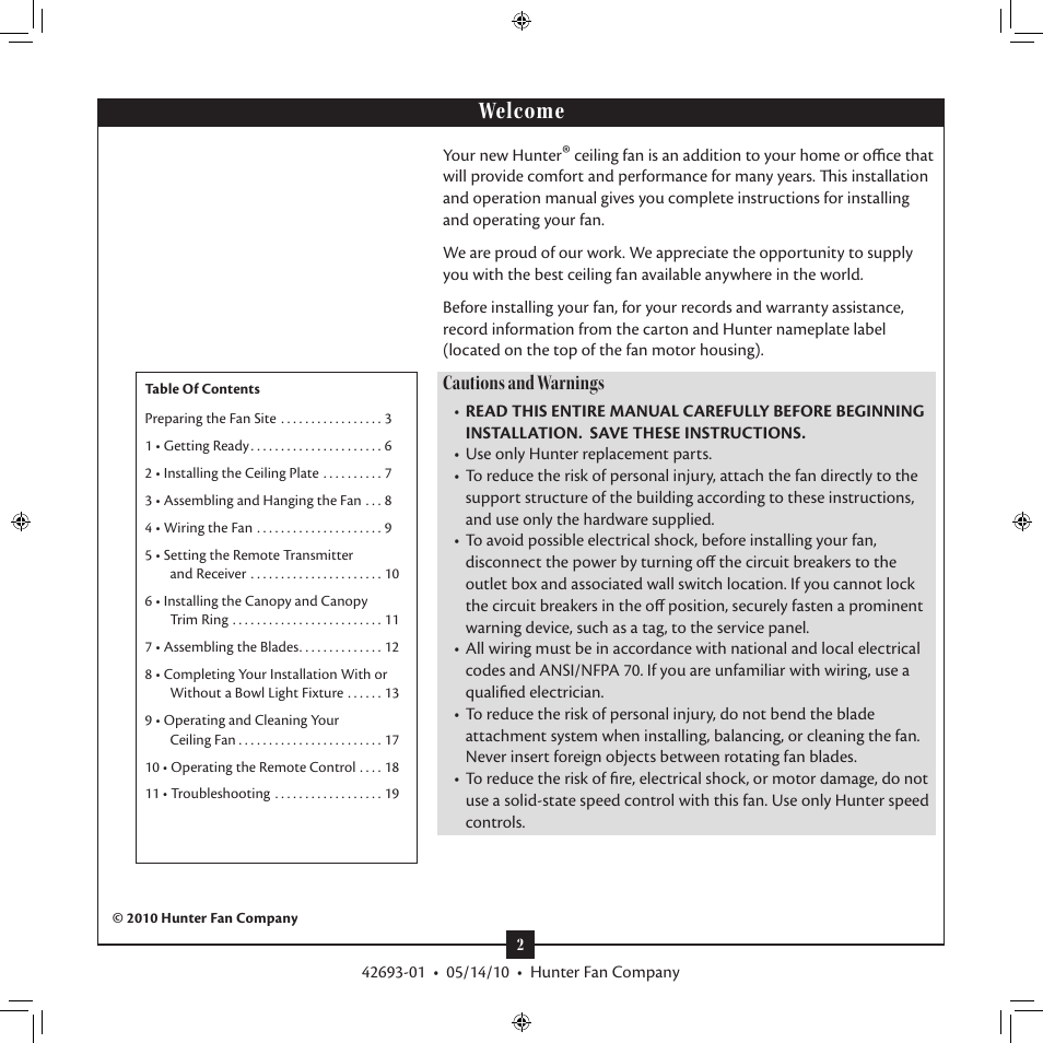 Welcome, Cautions and warnings | Hunter 23949 48 Forest Hill User Manual | Page 2 / 19