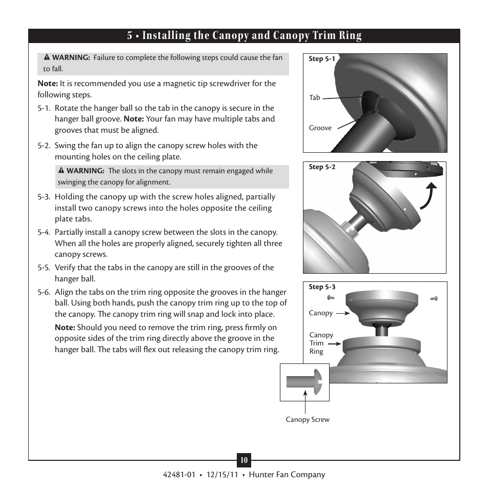 5 • installing the canopy and canopy trim ring | Hunter 28791 46 Bixby User Manual | Page 10 / 15