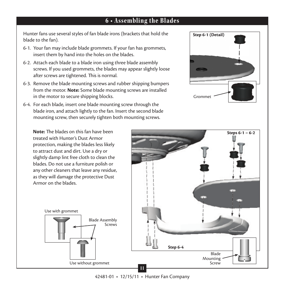 6 • assembling the blades | Hunter 28791 46 Bixby User Manual | Page 11 / 15