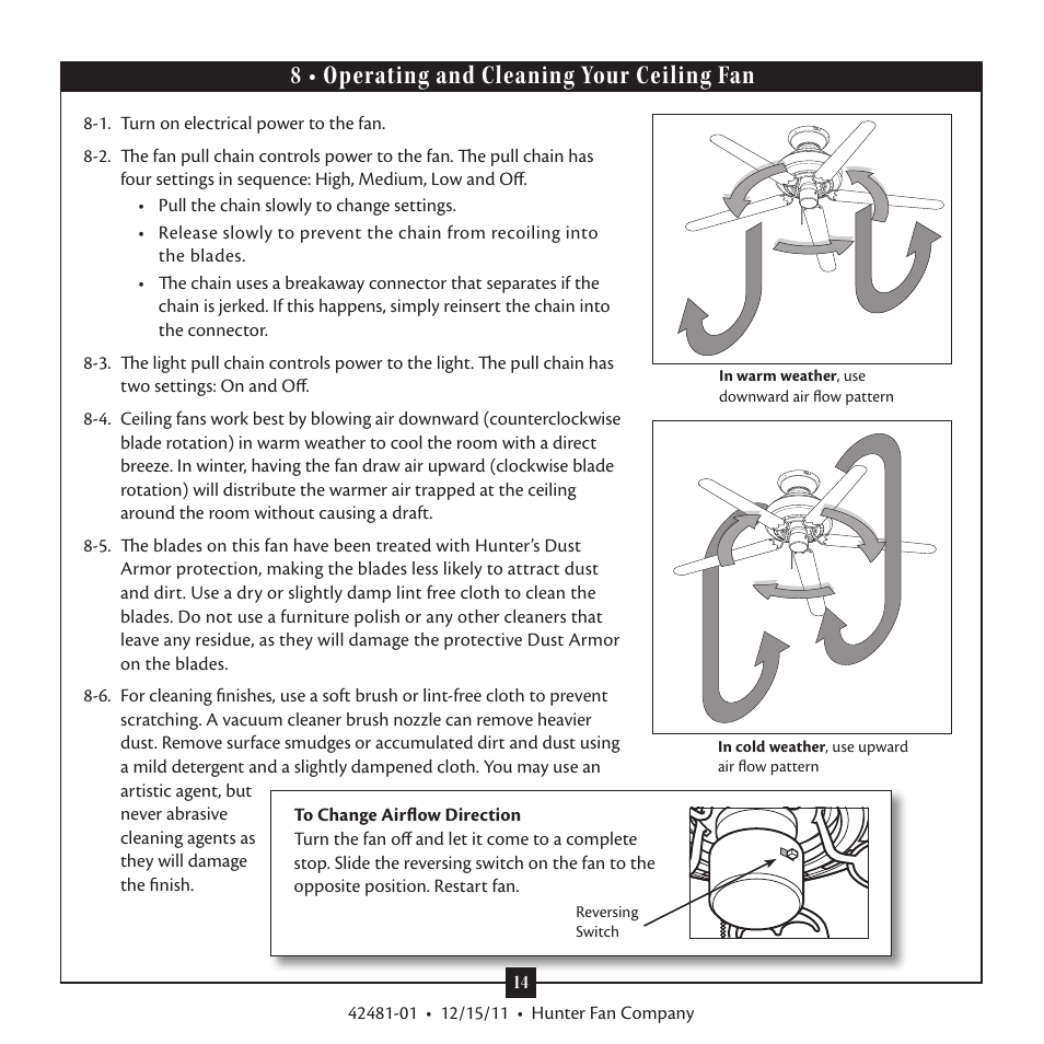 8 • operating and cleaning your ceiling fan | Hunter 28791 46 Bixby User Manual | Page 14 / 15