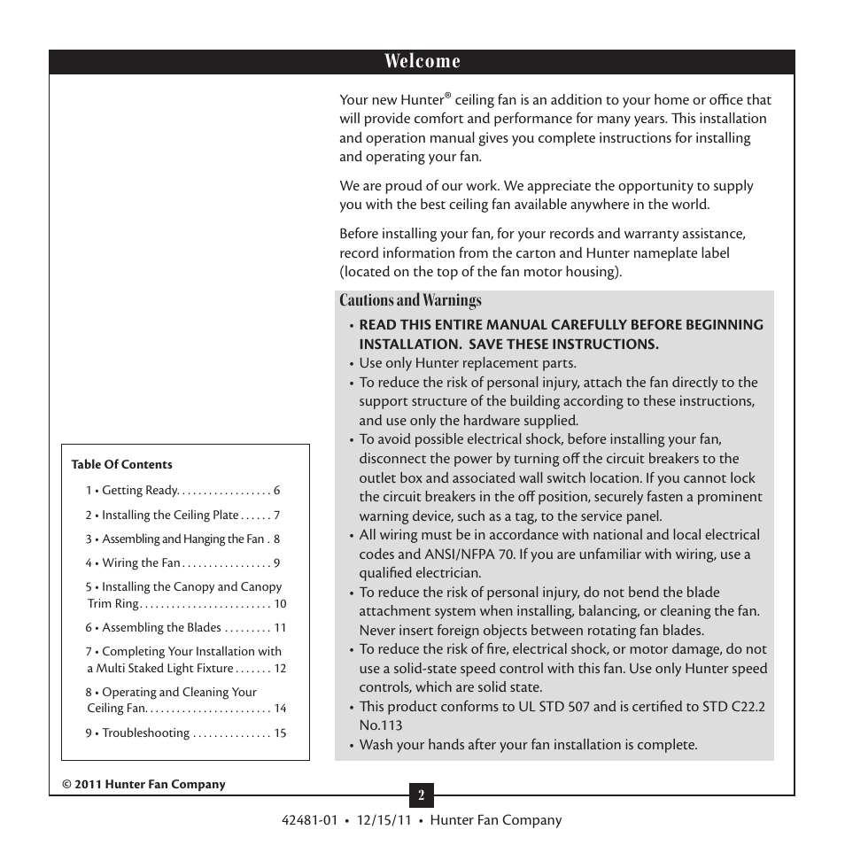 Welcome, Cautions and warnings | Hunter 28791 46 Bixby User Manual | Page 2 / 15