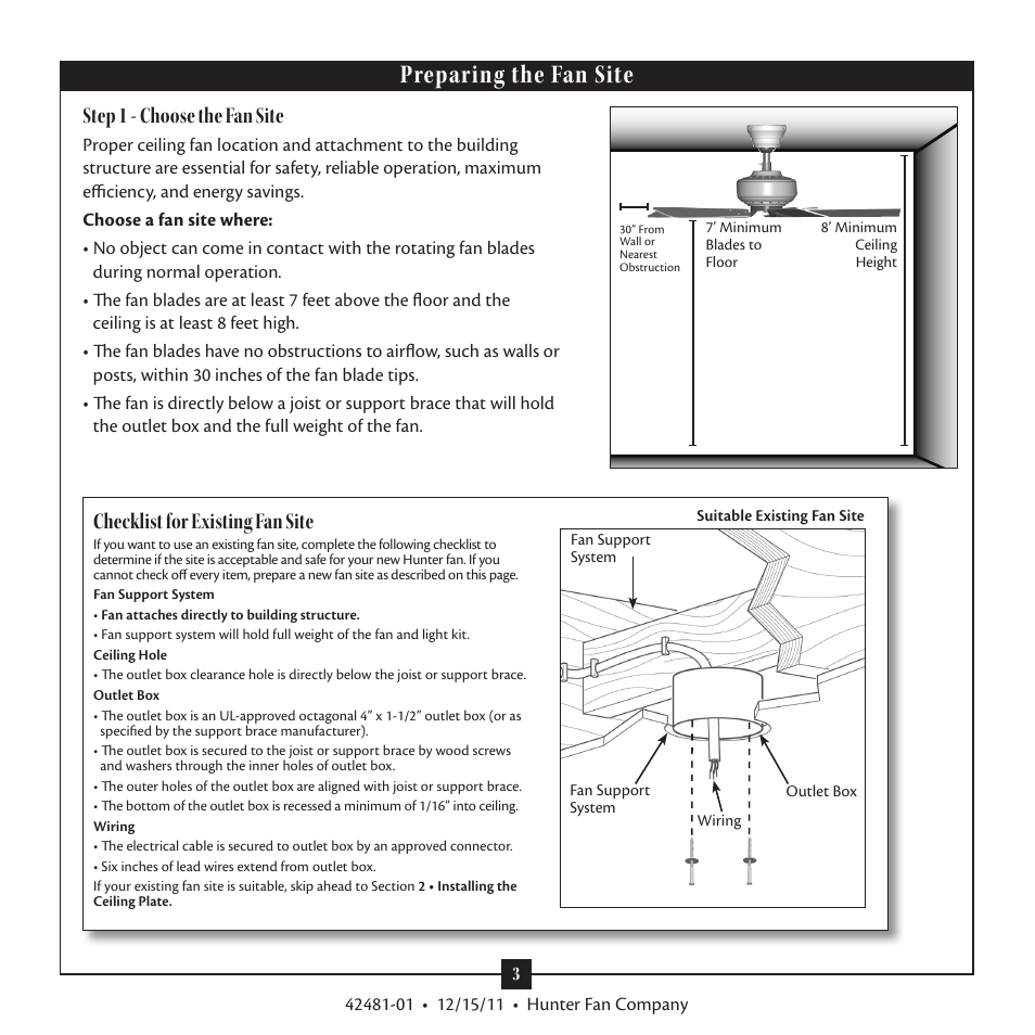 Preparing the fan site, Step 1 - choose the fan site, Checklist for existing fan site | Hunter 28791 46 Bixby User Manual | Page 3 / 15
