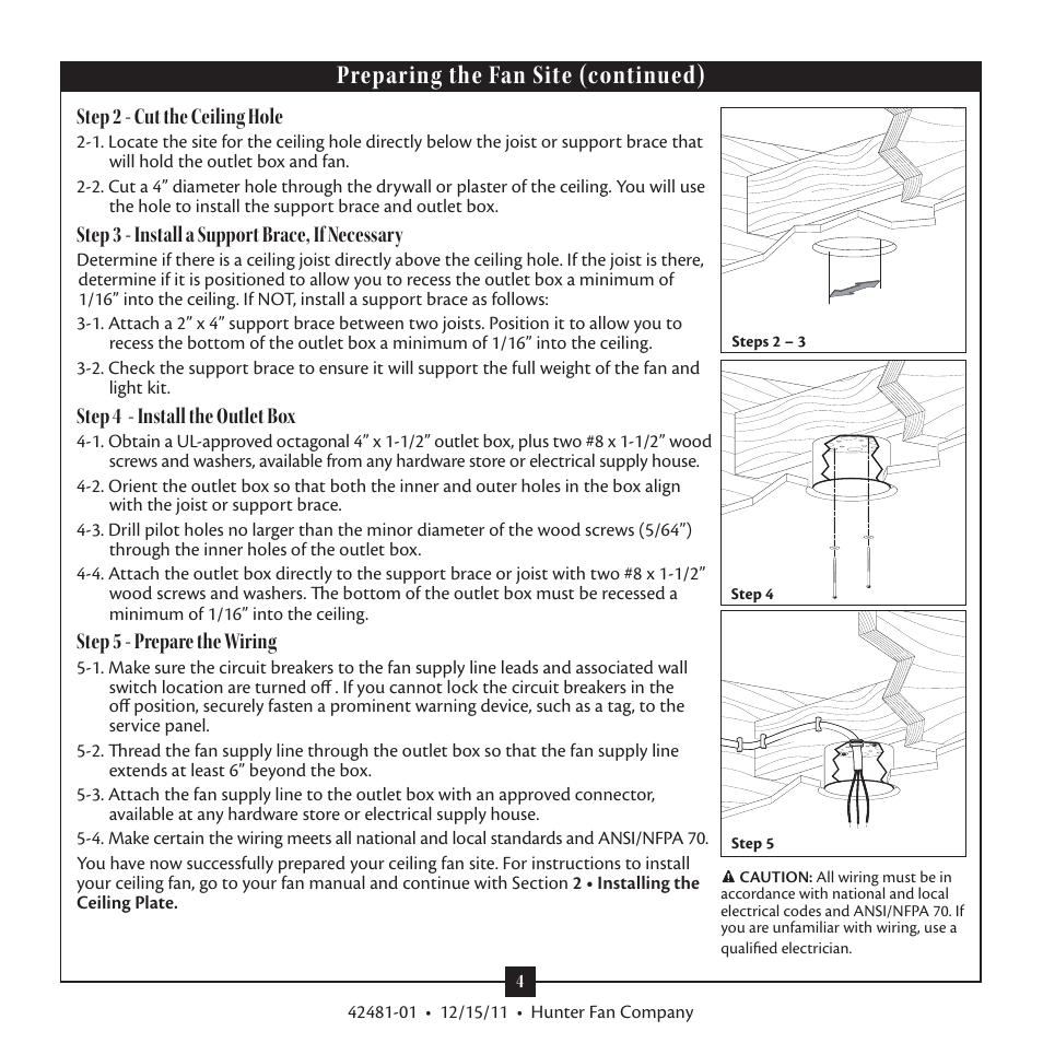 Preparing the fan site (continued), Step 2 - cut the ceiling hole, Step 3 - install a support brace, if necessary | Step 4 - install the outlet box, Step 5 - prepare the wiring | Hunter 28791 46 Bixby User Manual | Page 4 / 15