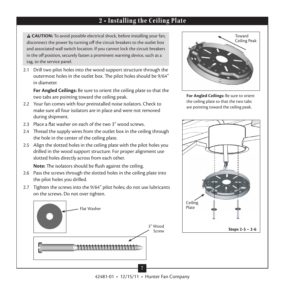 2 • installing the ceiling plate | Hunter 28791 46 Bixby User Manual | Page 7 / 15