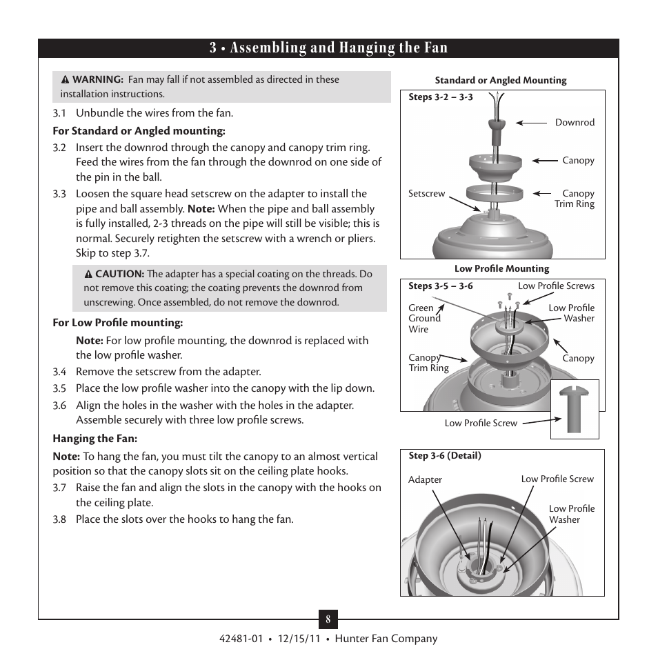 3 • assembling and hanging the fan | Hunter 28791 46 Bixby User Manual | Page 8 / 15