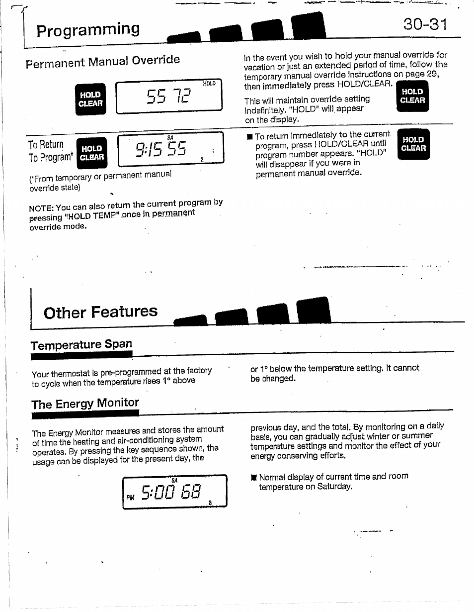 Other features, Temperature span, The energy monitor | Programming, Permanent manual override to return to program | Hunter 28837 46 Pemberley User Manual | Page 16 / 20
