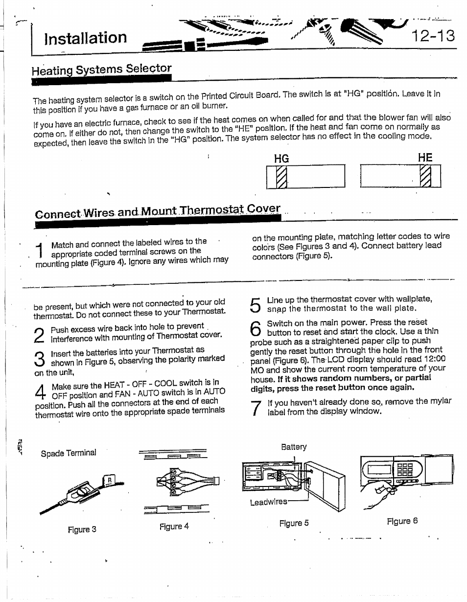Heating systems selector, Connect wires and. mount tbermostat coyer, Installation 12-13 | Hunter 28837 46 Pemberley User Manual | Page 7 / 20