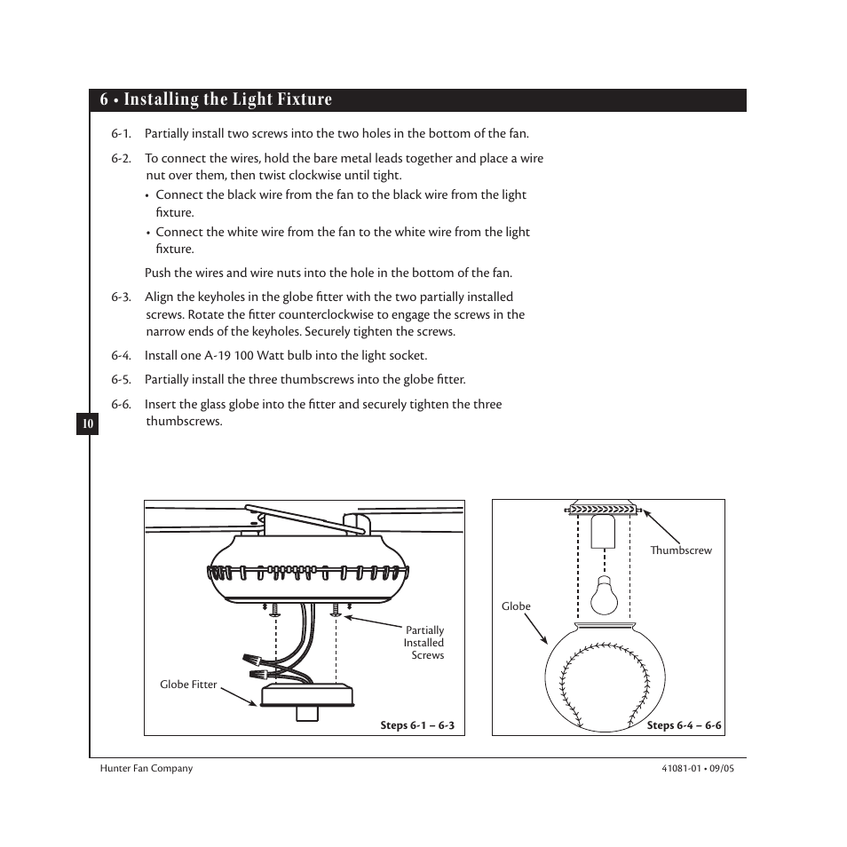 6 • installing the light fixture | Hunter 23252 44 Baseball Fan User Manual | Page 10 / 12