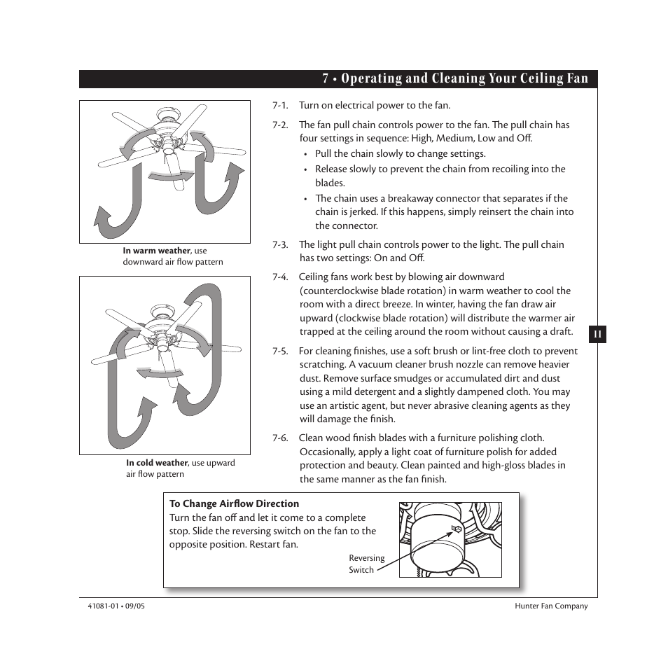7 • operating and cleaning your ceiling fan | Hunter 23252 44 Baseball Fan User Manual | Page 11 / 12