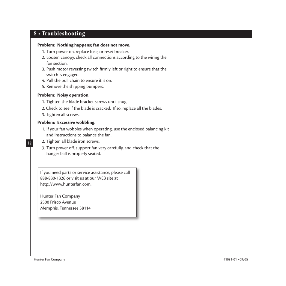 8 • troubleshooting | Hunter 23252 44 Baseball Fan User Manual | Page 12 / 12