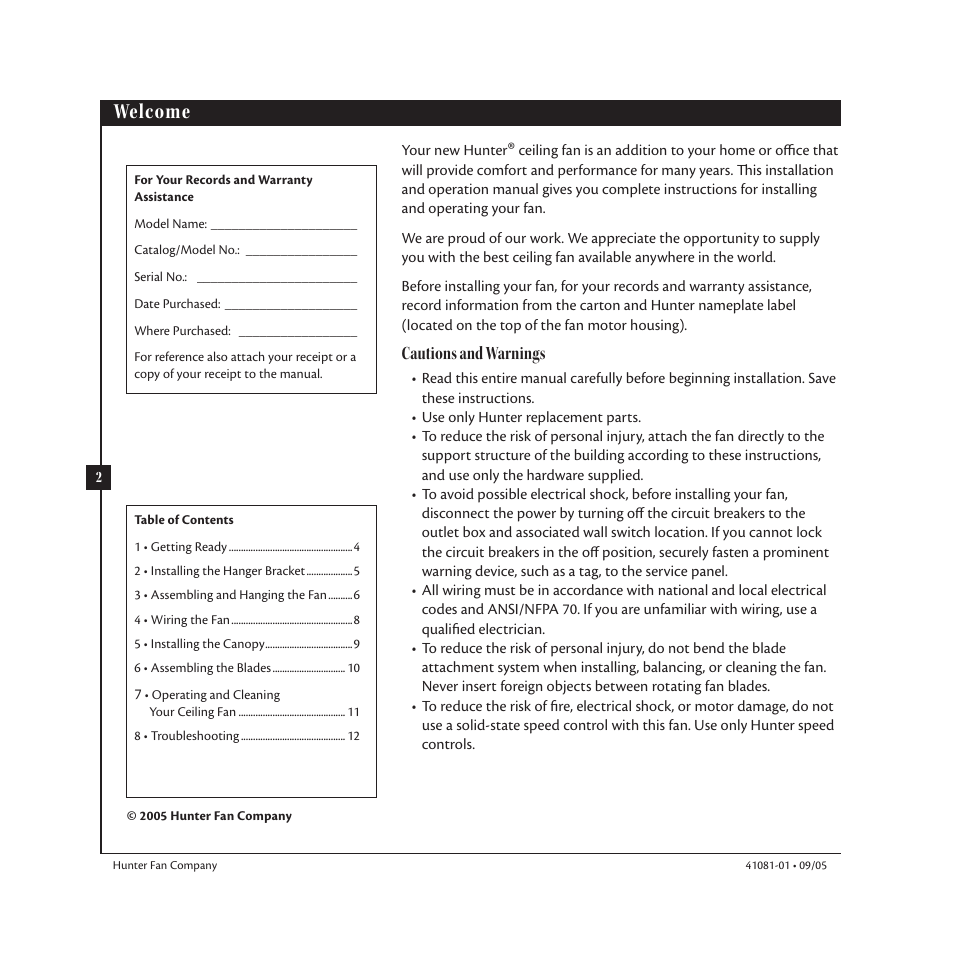 Welcome, Cautions and warnings | Hunter 23252 44 Baseball Fan User Manual | Page 2 / 12