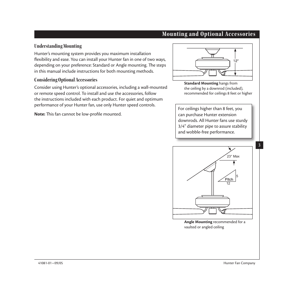 Mounting and optional accessories, Understanding mounting, Considering optional accessories | Hunter 23252 44 Baseball Fan User Manual | Page 3 / 12