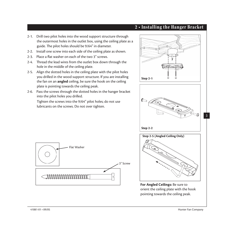 2 • installing the hanger bracket | Hunter 23252 44 Baseball Fan User Manual | Page 5 / 12