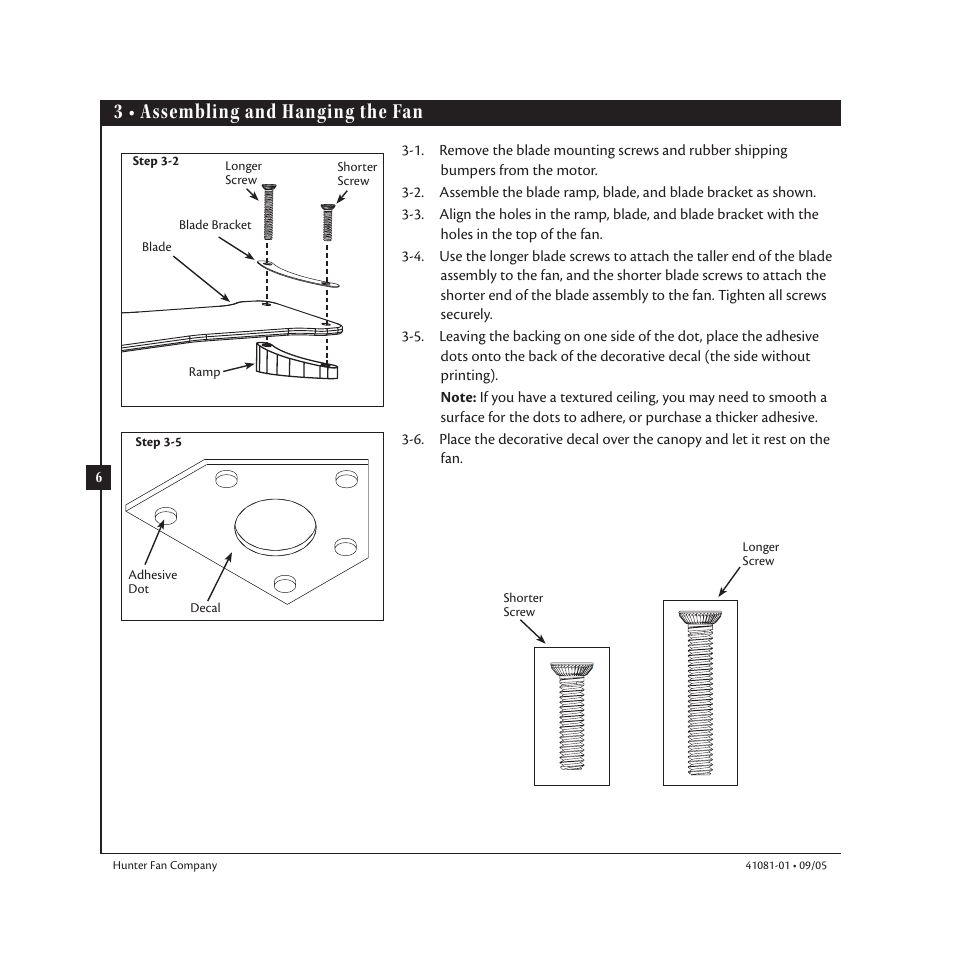 3 • assembling and hanging the fan | Hunter 23252 44 Baseball Fan User Manual | Page 6 / 12