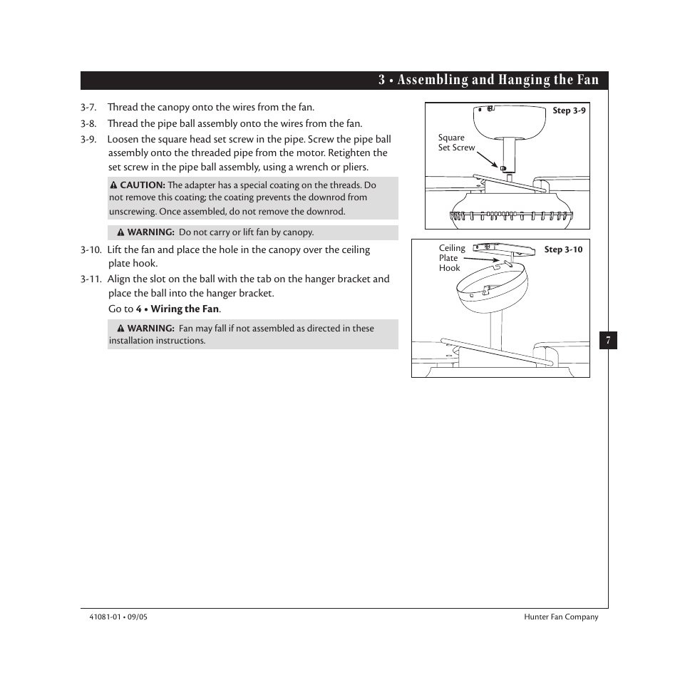 3 • assembling and hanging the fan | Hunter 23252 44 Baseball Fan User Manual | Page 7 / 12