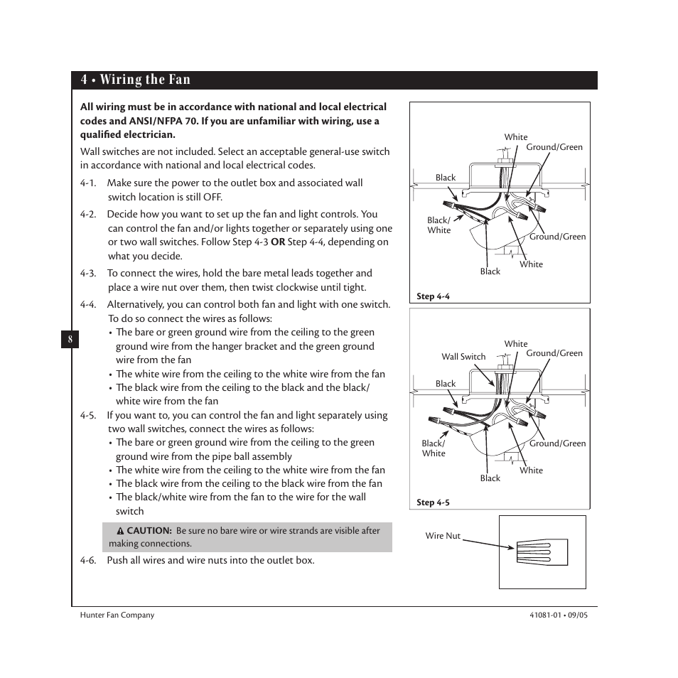 4 • wiring the fan | Hunter 23252 44 Baseball Fan User Manual | Page 8 / 12