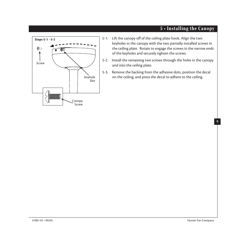 5 • installing the canopy | Hunter 23252 44 Baseball Fan User Manual | Page 9 / 12