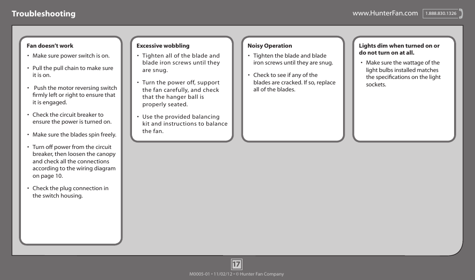 Troubleshooting | Hunter 51026 44 Dreamland User Manual | Page 17 / 17