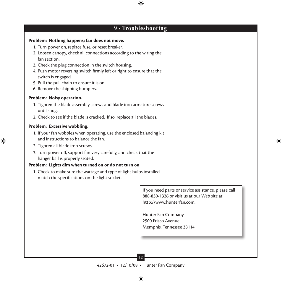 9 • troubleshooting | Hunter 20175 42 Southern Breeze User Manual | Page 12 / 12