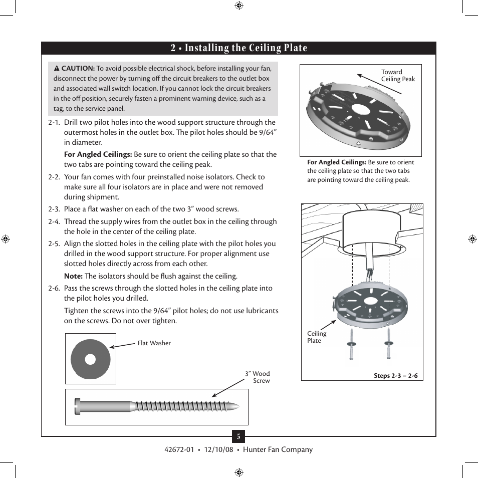 2 • installing the ceiling plate | Hunter 20175 42 Southern Breeze User Manual | Page 5 / 12