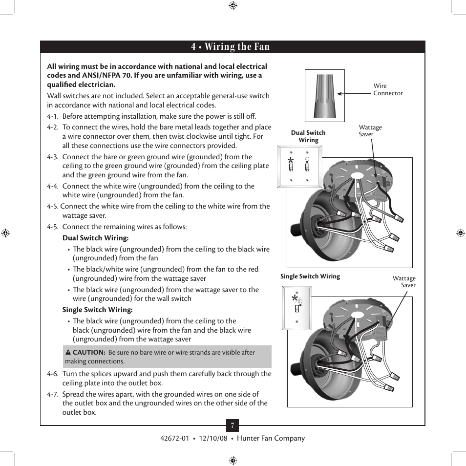 4 • wiring the fan | Hunter 20175 42 Southern Breeze User Manual | Page 7 / 12