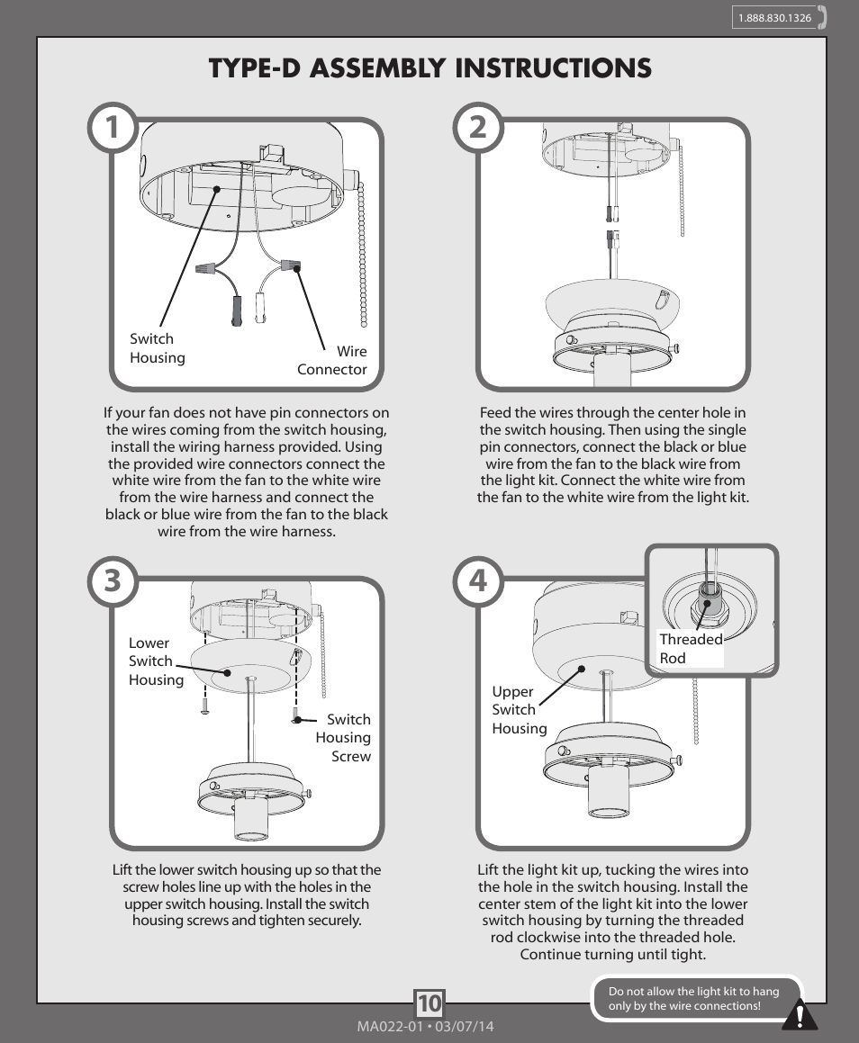10 type-d assembly instructions | Hunter 99164, 99165, 99166 Traditional Globe Light Kit User Manual | Page 10 / 12