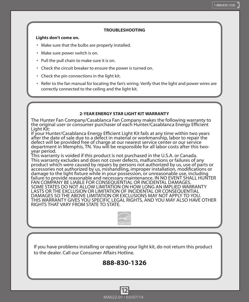 Hunter 99164, 99165, 99166 Traditional Globe Light Kit User Manual | Page 12 / 12