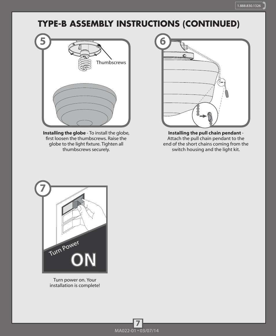 7type-b assembly instructions (continued) | Hunter 99164, 99165, 99166 Traditional Globe Light Kit User Manual | Page 7 / 12