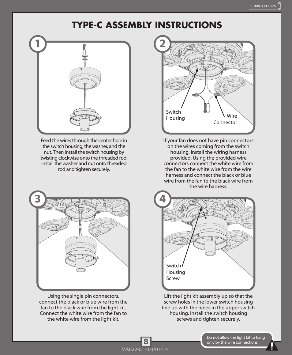 8type-c assembly instructions | Hunter 99164, 99165, 99166 Traditional Globe Light Kit User Manual | Page 8 / 12