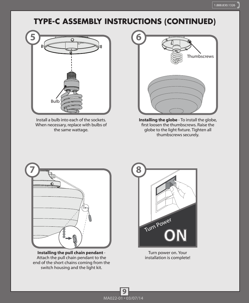 9type-c assembly instructions (continued) | Hunter 99164, 99165, 99166 Traditional Globe Light Kit User Manual | Page 9 / 12