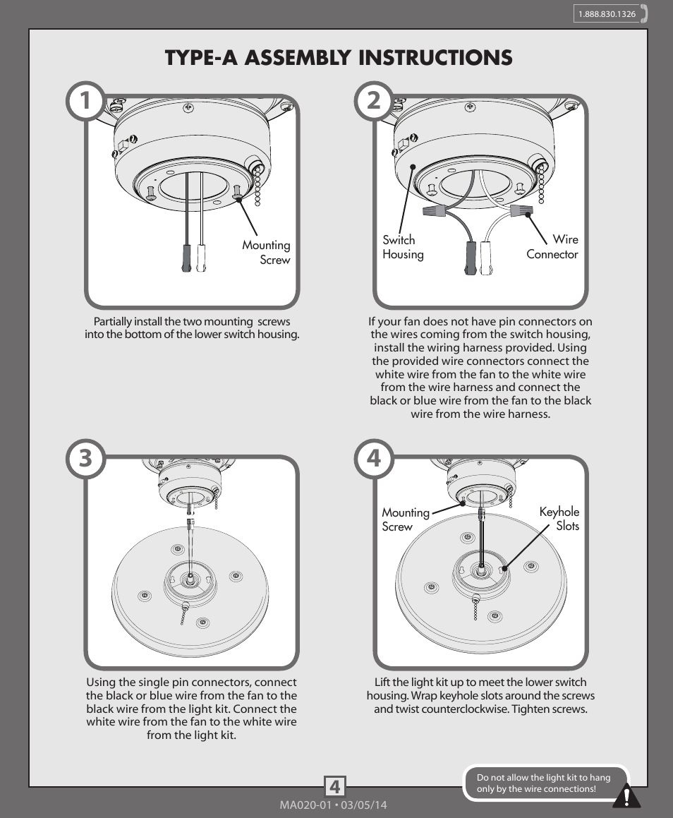 4type-a assembly instructions | Hunter 99148, 99150, 99159 Energy Star Low Profile Integrated Kit User Manual | Page 4 / 10