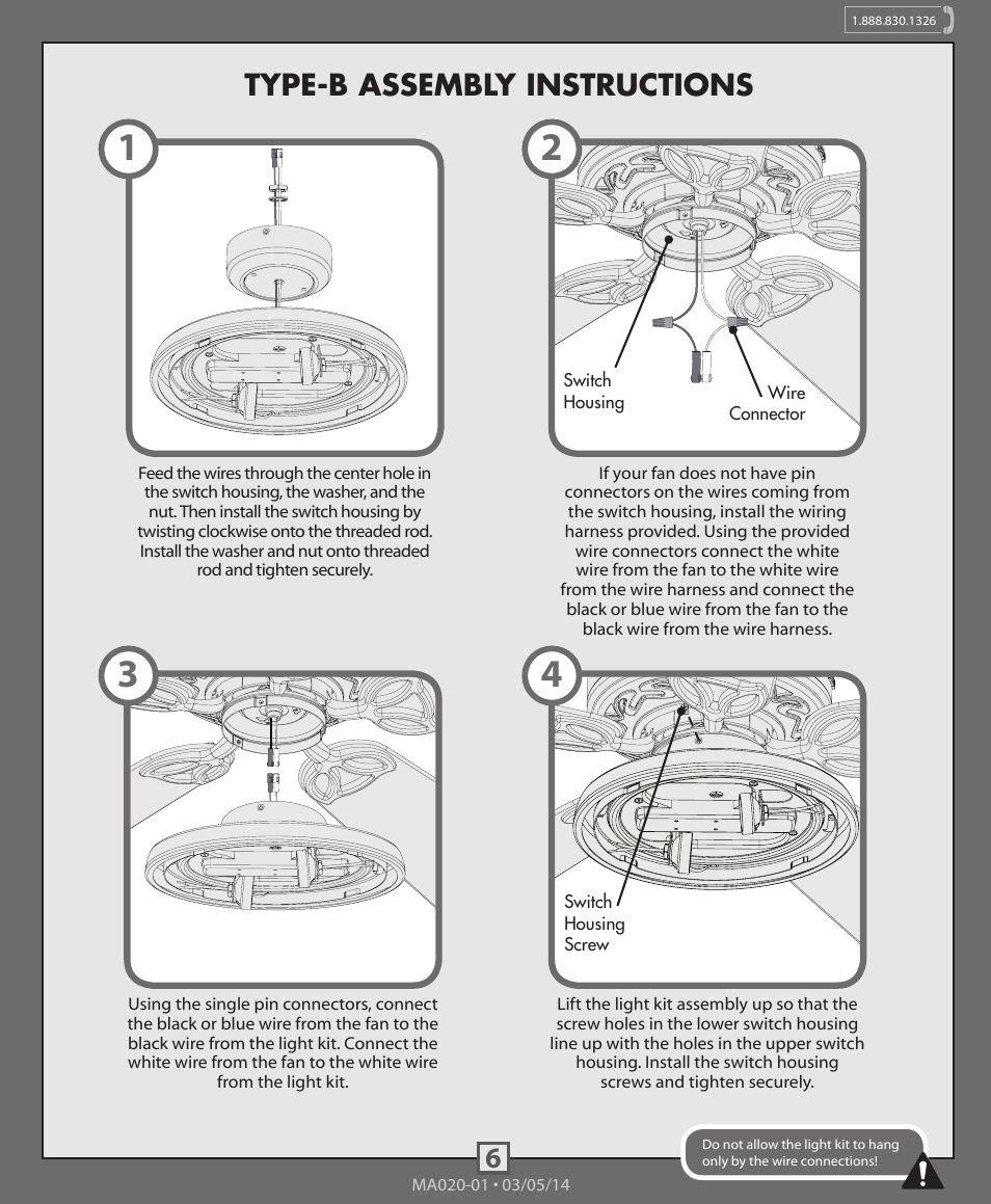 6type-b assembly instructions | Hunter 99148, 99150, 99159 Energy Star Low Profile Integrated Kit User Manual | Page 6 / 10